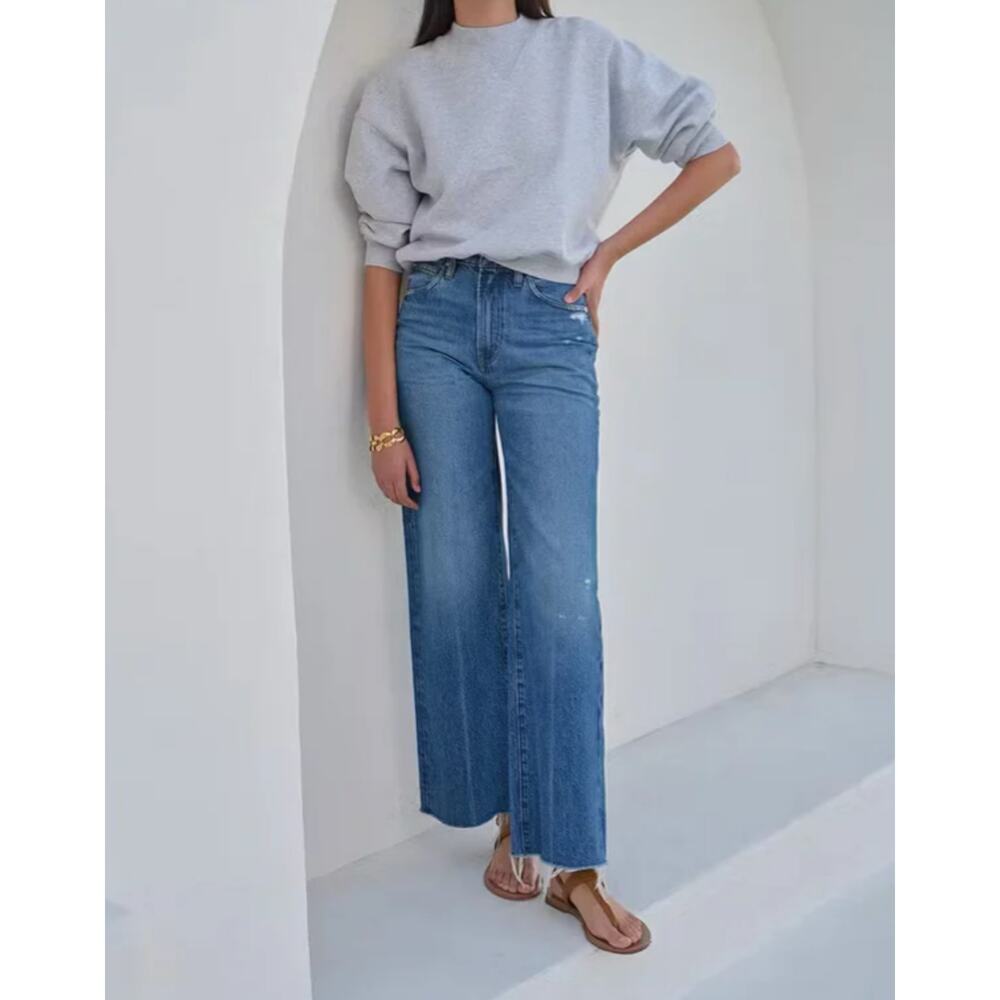Frame The Relaxed Straight Jean In Mariner Wash Mid Rise Crop Size 28